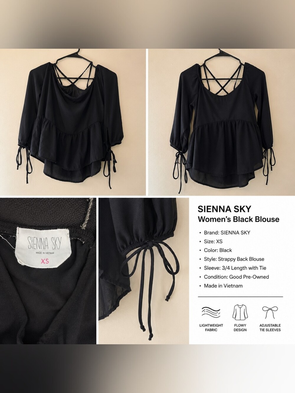 Sienna Sky Black Strappy Back Peplum Top